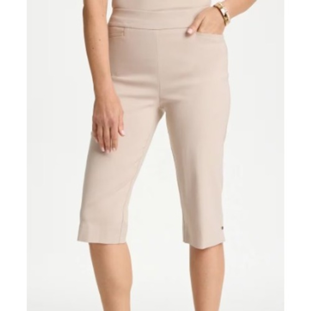 Chico's Brigitte Pull On Crop Pants Womens 0.5‎ SMALL Beige Button Hem Stretch